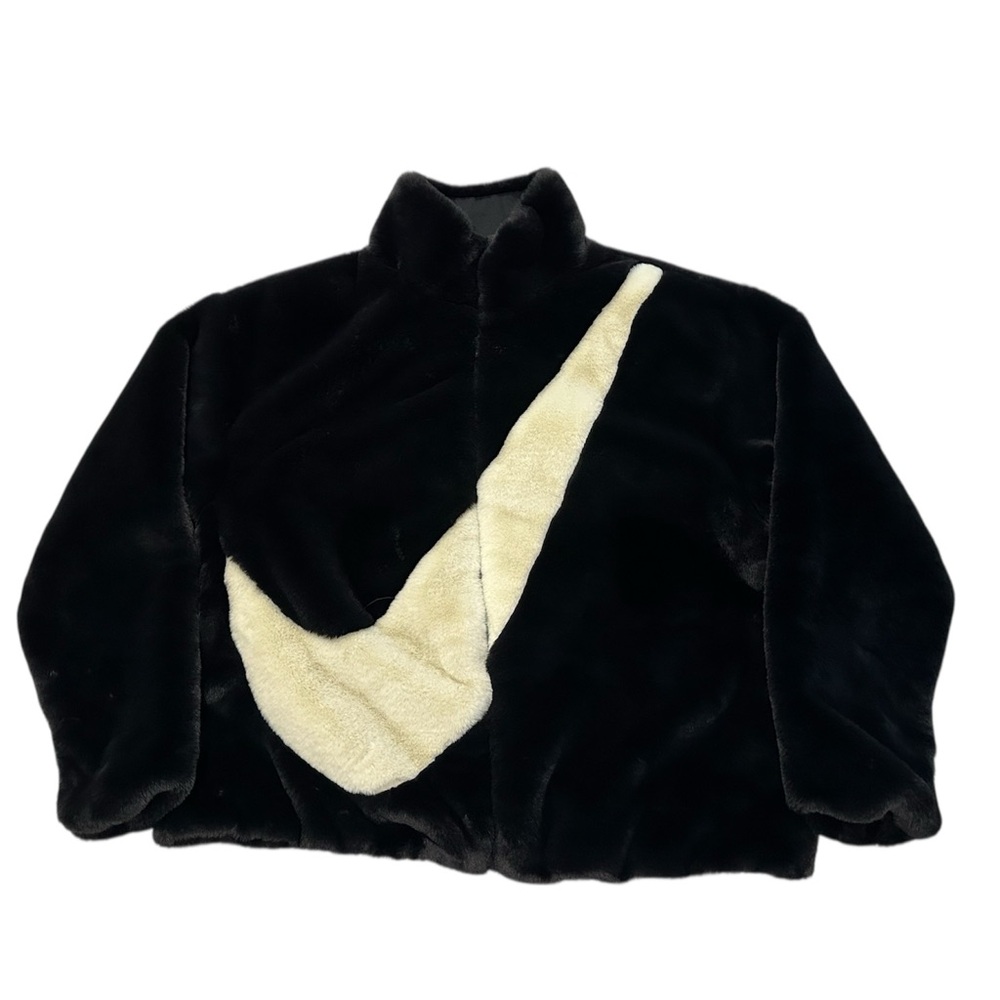 Nike Sportswear Faux Fur Oversized Swoosh Jacket in Black XL